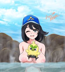 bath bathing beach big_breasts black_hair breasts browt game_freak habrow large_breasts naked_female nintendo nipples nude one_eye_closed outdoors pokemon pokemon_(species) pokemon_winds_and_waves pokemon_ww protagonist_(pokemon) reegan_dragon