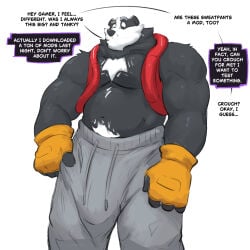 1:1 4_fingers anthro asking_another badger barazoku biceps big_bulge big_muscles biped black_body black_fur black_nose body_hair bottomwear bradley_(bradley_the_badger) bradley_the_badger_(game) broad_shoulders bulge chest_hair clothed clothed_anthro clothed_male clothing countershade_face countershading deltoids detailed_bulge digital_media_(artwork) dullaram english_text eyebrows fingerless_gloves fingers front_view fur genital_outline gloves grey_bottomwear grey_clothing grey_eyebrows grey_pants grey_sweatpants handwear happy_trail hi_res huge_bulge humanoid_hands implied_transformation looking_down looking_down_at_self male male_anthro mammal monotone_background multicolored_body multicolored_fur musclegut muscular muscular_anthro muscular_arms muscular_male mustelid musteline navel offscreen_character pants pecs penis_outline portrait raised_eyebrow red_clothing red_topwear red_vest shaded shirtless shirtless_anthro shirtless_male simple_background solo speech_bubble standing sweatpants talking_to_another text three-quarter_portrait topwear two_tone_body two_tone_fur vest whiskers white_background white_body white_countershading white_fur yellow_clothing yellow_gloves yellow_handwear
