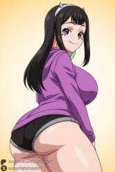 1female 1girls 2026 2d ai_generated artist_name ass beyblade beyblade_x big_ass big_breasts black_hair black_shorts breasts cartoon_network colored_inner_hair curvy facial_mark fake_horns female female_only from_behind gradient gradient_background hairband hi_res high_quality high_resolution highres hood hoodie horns huge_ass huge_breasts large_breasts long_hair looking_at_viewer looking_back multicolored_hair nanairo_multi patreon patreon_username pink_hair purple_eyes short_shorts shorts smile solo tagme thick_thighs thighs two-tone_hair unjobdespiert watermark