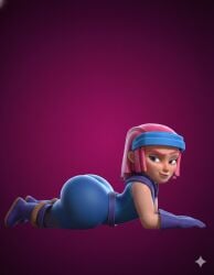 1girls 3d ai_generated ass ass_up big_ass blue_clothing clash_(series) clash_royale evolution_firecracker_(clash_royale) fat_ass huge_ass laying_down laying_on_stomach looking_at_another looking_at_viewer pale_skin pink_hair round_ass short_hair