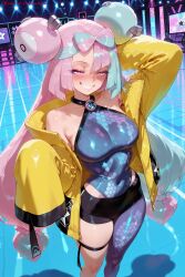 ai_generated breasts choker eyewear_on_head female female_only grin half-closed_eyes hi_res high_quality high_resolution iono_(pokemon) jacket kiraamane long_hair looking_at_viewer nintendo patreon seductive sexy sharp_teeth sleeves_past_fingers smile solo standing teeth thick_eyebrows uncensored very_long_hair watermark yellow_jacket
