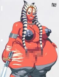 1girls adultart1 adultart_(artist) alien alien_girl bandaged_leg bandages big_ass big_breasts big_thighs bracelet censored clone_wars disney fat fat_female female female_only gilf huge_ass huge_thighs lightsaber milf obese red_skin shaak_ti solo star_wars star_wars:_the_clone_wars tagme weapon