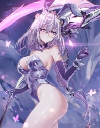 absurdres alternate_costume animal_ears ass bare_shoulders breasts bug butterfly castorice_(honkai:_star_rail) cleavage commentary covered_navel elbow_gloves fake_animal_ears female female_only gloves hair_between_eyes hand_up highleg highleg_leotard highres honkai:_star_rail honkai_(series) insects large_breasts leotard long_hair looking_at_viewer pointy_ears purple_butterfly purple_eyes purple_gloves purple_hair purple_leotard rabbit_ears scythe solo strapless thick_thighs thighs umamipesto