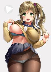 :d blue_bra blue_panties blue_sailor_collar blush bra bra_pull breasts brown_hair brown_legwear brown_sweater clothes_lift covered_navel cowboy_shot eyebrows_visible_through_hair female green_eyes grey_background grey_skirt highres inuyama_aoi large_breasts lifted_by_self long_hair long_sleeves looking_at_viewer neko_neko_koneko nipples one_breast_out open_mouth panties panties_under_pantyhose pantyhose sailor_collar shiny shiny_skin side_ponytail sidelocks simple_background skirt skirt_lift smile solo standing sweater sweater_lift tareme thick_eyebrows thighband_pantyhose underwear yurucamp