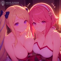 1girls 2026 2girls aegis_elysium ai_art ai_generated anime anime_style backlighting bare_shoulders big_breasts blonde_female blonde_hair blonde_hair_female blush blushing_at_viewer blushing_female bow breasts breasts_press breasts_pressed breasts_pressed_against_another breasts_pressed_against_partner breasts_pressed_together cleavage closed_mouth collarbone depth_of_field detailed_eyes elise_(fire_emblem) female female_focus fire_emblem fire_emblem_fates fire_emblem_heroes from_above glowing hair_flower hair_ornament hairbow headpiece hi_res high_quality high_res high_resolution highres huge_breasts illustration intelligent_systems large_breasts long_hair looking_at_viewer night nintendo pink_hair pink_theme pressing_breasts pressing_breasts_together purple_eyes ribbon sakura_(fire_emblem) seductive_look seductive_smile shiny_hair shiny_skin smile smiling smiling_at_viewer soft_shading sparkle symmetrical symmetrical_docking thick_breasts thick_thighs thighs tiara upper_body upper_body_focus warm_lighting watermark