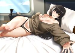 1girls bed black_hair black_panties blush breasts day female female_only girls'_frontline hand_on_breast heterochromia highres inviting long_hair looking_at_viewer lying mousseno49 on_bed panties pillow red_eye ring ro635_(girls'_frontline) robella_(girls'_frontline_2) sweater thighs two-tone_hair underwear white_hair window yellow_eye