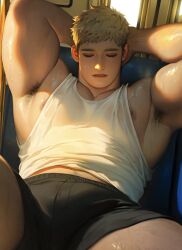 ai ai-created ai_art ai_assisted ai_generated armpit_hair armpits arms_behind_head background big_biceps black_shorts blonde_hair bulge bulge_through_clothing closed_eyes delicious_in_dungeon dirty_blonde_hair dungeon_meshi gay laios_touden legs_apart legs_spread male_only musclegut muscular muscular_male nipple_slip nipples pecs short_hair shorts sleeping sweat sweatdrop sweating sweaty sweaty_body tank_top tank_top_lift thick_eyebrows train train_station yaoi