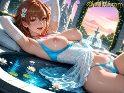 2026 ai_generated anilvl anime average_breasts blush breasts bust chest choker erect_nipples hard_nipples highres lingerie looking_at_viewer medium_breasts misaka_mikoto navel nipples open_mouth panties patreon solo thighhighs to_aru_kagaku_no_railgun to_aru_majutsu_no_index underwear wet