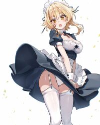 absurdres alternate_costume apron black_dress blonde_hair blush breasts cleavage clothes_lift commentary_request dress enmaided female female_only frilled_apron frills garter_belt garter_straps genshin_impact highres lumine_(genshin_impact) maid maid_apron maid_headdress medium_breasts open_mouth panties short_hair short_hair_with_long_locks simple_background skirt skirt_lift solo surprised sweat textless_version thighhighs umamipesto underwear waist_apron white_apron white_background white_headdress white_panties white_thighhighs wind wind_lift yellow_eyes