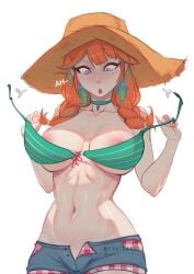 absurdres bikini braid breasts choker denim denim_shorts earrings feather_earrings feathers female green_bikini green_choker hat highres hololive hololive_english jewelry large_breasts multicolored_hair myth1c myth1carts navel nipple_slip nipples official_alternate_costume open_clothes open_fly open_shorts orange_hair purple_eyes short_shorts shorts simple_background solo straw_hat surprised swimsuit takanashi_kiara takanashi_kiara_(casual) twin_braids twitter_strip_game virtual_youtuber wardrobe_malfunction white_background