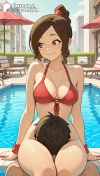 1boy 1girls 2026 ai_assisted ai_generated anime artist_name avatar_legends avatar_the_last_airbender bikini blue_sky brown_eyes brown_hair building city cityscape explicit hi_res high_quality high_resolution highres nickelodeon nicktoons outdoors patreon patreon_username pool poolside red_bikini sky skypassion stable_diffusion swimsuit ty_lee water watermark
