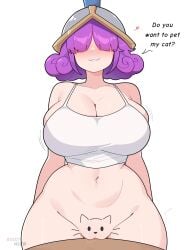 1girls ? artist_name bangs bangs_over_eyes belly belly_button big_breasts blush bottomless bottomless_female breasts clash_(series) clash_royale cleavage curvy curvy_female do_you_want_to_pet_my_cat_(meme) english english_text female female_focus female_only hair_over_eyes helmet huge_breasts large_breasts light-skinned_female light_skin milf navel pov purple_hair pussy roixy_nsfw short_hair solo supercell tagme tank_top text three_musketeers_(clash_royale) white_background