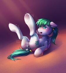 2017 after_sex anus ass blush breath cum_from_pussy cum_leaking cutie_mark equine eyelashes fan_character feathered_wings feathers female feral hair_tie hi_res hooves koldangrey legs_up lying mammal my_little_pony nude on_back open_mouth pegasus ponytail pussy saliva shadow shaking signature simple_background solo sunlight tail_ring teal_eyes teal_hair teeth tongue tongue_out underhoof white_feathers wings