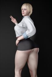 1girl 3d 3d_(artwork) 3d_model 3d_render 40_year_old ass black_background blonde_female blonde_hair blue_eyes breasts capcom female female_only light-skinned_female lipstick mature mature_female mature_woman nishikt office_clothing peace_sign resident_evil resident_evil_9:_requiem sherry_birkin sherry_birkin_(bridgette_haze) short_hair skirt skirt_up smile thighs youthful youthful_face youthful_features youthful_look