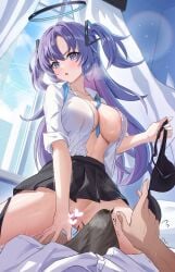1boy :o ^^^ absurdres areola_slip black_bra black_panties black_skirt blue_archive blue_eyes blue_ribbon blush bra breasts breath bulge censored collared_shirt commentary commentary_request cowgirl_position curtains dress_shirt erection erection_under_clothes female hair_between_eyes hair_ornament halo heart heart_censor heeyan highres holding holding_bra holding_underwear holding_unworn_clothes indoors large_breasts long_hair looking_at_viewer mechanical_halo neck_ribbon open_clothes open_mouth open_shirt panties panties_around_one_leg pleated_skirt pov pov_hands precum precum_through_clothes purple_hair ribbon ring_of_light_(blue_archive) sensei_(blue_archive) shirt skirt sleeves_rolled_up solo_focus sweat trembling triangle_hair_ornament two_side_up underwear undone_neck_ribbon unworn_bra v-shaped_eyebrows very_long_hair white_shirt window yuuka_(blue_archive)
