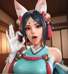 1girls 3d 3d_(artwork) ai_generated animal_ear_fluff animal_ears aqua_nails black_hair blizzard_entertainment brown_eyes eyeshadow facial_mark fellatio_gesture female female_only fox_ears gloves hair_bell hair_ornament hand_up inari_kiriko japanese_clothes jingle_bell kimono kiriko_(overwatch) long_nails looking_at_viewer makeup nail_polish open_mouth overwatch solo tongue tongue_out unholybebra upper_body white_gloves