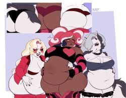 3girls anthro ass bbw belly big_ass big_belly big_butt black_lipstick blush blushing_female bra canine charlie_morningstar_(hazbin_hotel) chubby chubby_female dark-skinned_female dark_skin demon embarrassed embarrassed_female enjoying exposed_midriff female_focus female_only hazbin_hotel hellaverse helluva_boss holding_belly huge_belly kay_inthedark large_breast large_thighs loona_(helluva_boss) multicolored_hair multiple_girls overweight overweight_female poking_belly red_eyes tagme thick_thighs tight_fit tummy velvette white_fur wide_hips wide_thighs wolf_girl