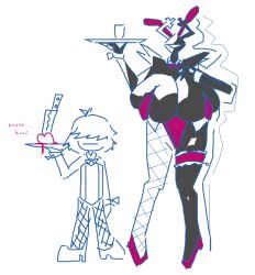 2_horns ambiguous_gender anthro antlers big_breasts black_body breasts bunny_costume bunnysuit clothed clothing costume deltarune deltarune_chapter_3 digital_media_(artwork) duo fake_ears fake_rabbit_ears female holding_plate horn human kris_(deltarune) mammal roaring_knight shadow shadow_creature simple_background source_request undertale_(series) unknown_artist white_background