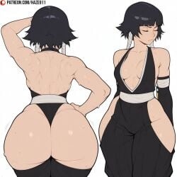 1girls ai_generated ass ass_focus black_hair bleach bleach:_the_thousand-year_blood_war breasts closed_eyes female female_only haze911 hip_vent huge_ass light-skinned_female medium_breasts multiple_views muscular_female soifon solo sui-feng sweat thick_thighs wide_hips