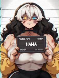 1girls 2025 after_fight ai_generated big_breasts black_and_white_hair blood_drip blood_on_face blue_eye bruise bruised bruised_eye bruised_face child_bearing_hips el_memc female female_only hana_(memch0) heterochromia huge_breasts hyper_breasts looking_at_viewer memch0 mugshot muscular muscular_female oc original original_character sideboob sweat sweatdrop sweating sweaty yellow_eye