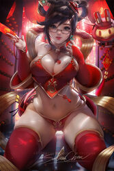 1girls big_breasts big_hips big_thighs blizzard_entertainment breasts chinese_clothes chubby cleavage clothed_female curvy female female_focus female_only glasses huge_breasts kneeling large_breasts lipstick looking_at_viewer luna_mei lunar_new_year lunar_new_year_series makeup mei_(overwatch) navel on_knees oriental overwatch overwatch_2 red_lipstick sakimichan snowball_(overwatch) thick_thighs thighhighs wide_hips year_of_the_rooster