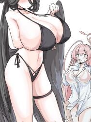 2girls :o ahoge bare_shoulders bikini black_bikini black_hair black_wings blue_archive blush braid breasts choker cleavage collarbone commentary_request eyes_out_of_frame feathered_wings gradient_hair green_eyes groin hair_bun halo hanako_(blue_archive) hanako_(swimsuit)_(blue_archive) hasumi_(blue_archive) hasumi_(swimsuit)_(blue_archive) head_out_of_frame highres huge_ahoge huge_breasts large_breasts long_hair long_sleeves looking_at_another low_wings multicolored_hair multiple_girls navel oversized_clothes oversized_shirt pendant_choker pink_bikini pink_hair pink_halo see-through_clothes see-through_shirt shirt side-tie_bikini_bottom side_ponytail single_braid single_side_bun swimsuit tachikaze_miyako thigh_strap thighs very_long_hair white_shirt wings
