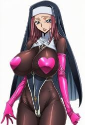 1girls ai_generated alternate_hairstyle bodysuit code_geass huge_breasts kallen_stadtfeld long_hair nun nun_outfit red_hair