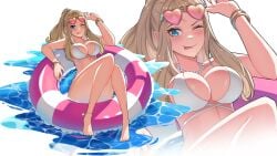 ;p absurdres anklet barefoot bikini blonde_hair blue_eyes blush bracelet breasts cleavage commentary english_commentary eyewear_on_head female female_only full_body gold_bracelet hand_up heart heart-shaped_eyewear high_ponytail highres innertube jewelry large_breasts long_hair long_sidelocks looking_at_viewer necklace nintendo one_eye_closed pearl_anklet pearl_necklace pink-tinted_eyewear pokemon pokemon_xy ponytail serena_(pokemon) sidelocks sunglasses swim_ring swimsuit thighs tinted_eyewear tongue tongue_out v water white_bikini zer0z_vi zoom_layer