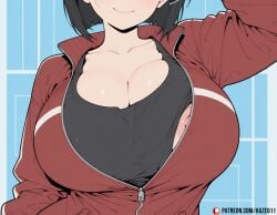 1girls ai_generated black_hair breasts cleavage haze911 head_out_of_frame huge_breasts jacket kirigaya_suguha nipple_slip nipples partially_unzipped red_jacket short_hair smile solo sword_art_online tank_top track_jacket