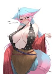 1girls ahoge alternate_version_available animal_ears areola_slip artist_name big_breasts black_myth:_wukong blue_hair blush breasts cleavage closed_mouth collarbone cosplay ears_down embarrassed english_text female female_only gradient_hair highres huge_breasts indie_virtual_youtuber large_breasts long_hair motion_lines multicolored_hair myth1c myth1carts navel pingping_(black_myth) pingping_(black_myth)_(cosplay) pink_hair purple_eyes silvervale solo sweat tail virtual_youtuber wide_sleeves wolf_ears wolf_girl wolf_tail