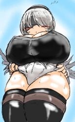 1girls big_breasts blindfold breasts female female_only hairband huge_breasts light-skinned_female light_skin low-angle_view nier nier:_automata sanada_donpachi short_hair solo thick_thighs thighhighs white_hair yorha_2b