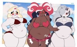 bbw belly big_belly bikini black_lipstick bra button_pop canine charlie_morningstar_(hazbin_hotel) chubby chubby_female dark-skinned_female dark_skin demon exposed_midriff female_focus female_only holding_belly kay_inthedark large_breast large_thighs loona_(helluva_boss) multicolored_hair multiple_girls overhanging_belly overweight overweight_female poking_belly red_eyes thick_thighs tight_fit tummy velvette white_fur wide_hips wide_thighs wolf_girl