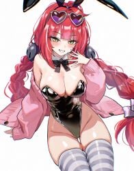 alternate_costume animal_ears arm_support black_leotard blush braid breasts cleavage commentary_request eyewear_on_head fake_animal_ears female female_only grey_thighhighs groin hair_intakes hair_ornament heart heart-shaped_eyewear highleg highleg_leotard highres jacket large_breasts leotard long_hair long_sleeves looking_at_viewer low_twin_braids open_clothes open_jacket pink_jacket puffy_long_sleeves puffy_sleeves simple_background skindentation smile solo sphere_hair_ornament strapless strapless_leotard striped_clothes striped_thighhighs thighhighs twin_braids ukinami_yuzuha umamipesto white_background yellow_eyes zenless_zone_zero