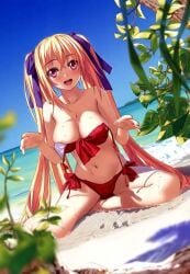 ai_generated animated areola_slip arm_support bare_legs bare_shoulders beach bikini blonde_hair blue_sky blurry blush bouncing_breasts breast_hold breasts cleavage day depth_of_field dutch_angle embarrassed female female_focus hair_ribbon hiding_breasts large_breasts lips long_hair looking_at_viewer navel nipples outdoors purple_eyes red_bikini ribbon shinkyoku_soukai_polyphonica side-tie_bikini_bottom sitting sky smile solo swimsuit tagme topless twintails untied_bikini very_long_hair video wardrobe_malfunction waving wet yokozuwari yugiri_perserte