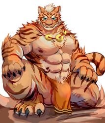 2017 4_toes 5_fingers abs absurd_res anthro balls barely_visible_genitalia biceps blue_eyes bulge caro_zalt cheek_tuft chest_tuft claws clothing crouching digital_media_(artwork) feline front_view fur hi_res inner_ear_fluff lin_hu loincloth looking_at_viewer male male_only mammal muscular muscular_male nekojishi nipples orange_fur pecs simple_background smile solo striped_fur stripes subtle_balls tiger toe_claws toes tuft white_background