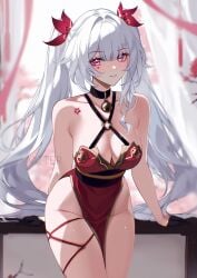 artist_name bare_shoulders bell black_choker black_gloves black_sash blush breasts butterfly-shaped_pupils choker cleavage collarbone diamond_on_cheek dress facial_mark female female_only flower_tattoo gloves hair_ornament hashtag-only_commentary heart heart_facial_mark highres honkai:_star_rail honkai_(series) large_breasts long_hair looking_at_viewer mark_under_both_eyes neck_bell no_panties parted_lips pink_eyes red_dress sash smile solo sparkle_(honkai:_star_rail) sparxie_(honkai:_star_rail) symbol-shaped_pupils tattoo twintails very_long_hair vitter white_hair