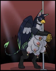 2026 8_breasts anthro areola avian bastiel beak bell black_body black_collar black_feathers blue_eyes bodily_fluids breasts collar digital_drawing_(artwork) digital_media_(artwork) digitigrade dipstick_ears ear_markings english_description feathers female green_ear_tips green_markings gryphon hi_res lactating markings mayternity mayternity_2026 multi_breast multicolored_ears mythological_avian mythological_creature mythology navel nipple_piercing nipple_ring nipples on_stage outie_navel piercing pink_areola pink_inner_ear pink_nipples pole pregnant pregnant_anthro pregnant_female ring_piercing solo standing stripper_pole wearing_collar white_body white_feathers wings yellow_beak