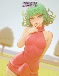 1futa 2025 ai_generated artist_name bare_shoulders blush breasts bust chest covered_nipples curly_hair dress finger_to_mouth futanari green_eyes green_hair hi_res high_quality high_resolution highres intersex looking_at_viewer meme_attire naked_sweater novalust one-punch_man patreon patreon_username ribbed_dress ribbed_sweater solo stable_diffusion sweater tatsumaki virgin_killer_sweater watermark