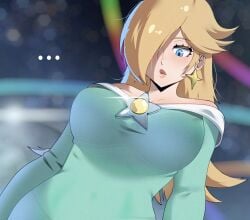 ... 1girls absurdres alternate_breast_size aqua_dress bare_shoulders blonde_hair blue_eyes blurry blurry_background breasts brooch crown dress earrings female gjh gjh_1 hair_over_one_eye highres jewelry large_breasts long_hair mario_(series) nintendo off-shoulder_dress off_shoulder princess_rosalina rosalina solo star_(symbol) star_brooch star_earrings