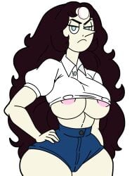 1girls areola_slip areolae barely_contained barely_contained_breasts big_ass big_breasts big_butt blackmorty_(artist) booty_shorts brown_hair button_down_shirt cameltoe cleavage connie_maheswaran erect_nipples fusion gem_(species) light-skinned_female long_hair nipple_bulge nipples nipples_visible_through_clothing pearl_(steven_universe) pearlie_(blackmorty) puffy_sleeves short_shorts shorts steven_universe thick_thighs underboob