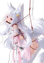 absurdres animal_ears arms_behind_back blush bondage bondage bound bound_wrists crying crying_with_eyes_open dress fengxue fox_ears fox_girl fox_tail hair_between_eyes highres long_hair object_insertion original pink_dress pussy_juice red_eyes sex_toy simple_background tail tears thighhighs vaginal_object_insertion vaginal_penetration very_long_hair vibrator white_dress white_tail white_thighhighs