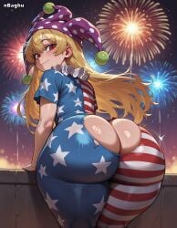 1girls 4th_of_july ai_generated american_flag american_flag_bikini ass ass_cutout ass_focus ass_shake big_ass blonde_hair bottom_heavy clothing_cutout clownpiece female fireworks from_behind hat highres huge_ass jester jester_hat long_hair looking_at_viewer looking_back motion_lines nbaghu pantyhose petite rear_view red_eyes short_dress shortstack small_breasts solo solo_female torn_clothes torn_pantyhose touhou