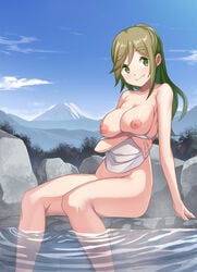 :3 breast_hold breasts collarbone day eyebrows_visible_through_hair female green_eyes green_hair head_tilt highres inuyama_aoi large_breasts long_hair looking_at_viewer mountain nipples nude onsen outdoors rock saiste sitting smile soaking_feet solo thick_eyebrows thighs towel yurucamp