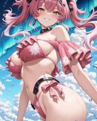 2025 ai_generated belly flower_bikini instagram looking_at_viewer meta pekoillust pink_bikini pink_hair_female red_cheeks smile_at_viewer smiling_at_viewer teeth_showing tummy unknown_character unknown_place wet_bikini wet_body wet_skin yellow_eyes_female
