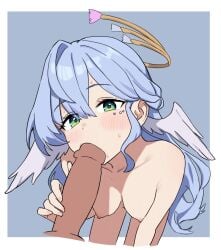 1boy blue_background blue_hair blush border breasts completely_nude erection fellatio female from_above green_eyes hair_between_eyes halo head_wings honkai:_star_rail honkai_(series) long_hair male medium_breasts nipples nude oral penis robin_(honkai:_star_rail) solo_focus straight uncensored white_border white_wings wings yellow_halo yep_(70837259)