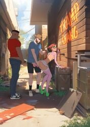 2boys alley anna_(tekuho) braces brown_hair female groping_ass high_heels hooker imminent_sex microskirt orange_hair platform_heels prostitution skirt stockings teenage_girl teenager tekuho twintails