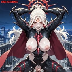 ai_assisted ai_generated arm_cutout arms_up back_cutout black_bodysuit bodysuit city cowgirl_pose cowgirl_position cum cum_in_pussy cum_inside evil_grin evil_smile female halo hands_in_hair hands_on_head hela hela_(marvel_rivals) hela_(queen_in_black) hidden_gem high_heels jewelry marvel marvel_comics marvel_rivals night night_sky pale-skinned_female pale_skin patreon patreon_link patreon_logo patreon_url patreon_username penis penis_in_pussy penis_in_vagina plap pubic_hair pussy red_cape red_eyes red_nails sharp_fingernails shoulder_armor side_cutout sitting_on_penis squatting squatting_cowgirl_position squatting_on_penis text villainess white_hair