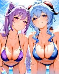 2025 ai_generated app_game beach_background belly blue_bikini blue_hair_female ganyu_(genshin_impact) genshin_impact instagram internet keqing_(genshin_impact) looking_at_viewer meta neko purple_bikini purple_eyes_female purple_hair_female smile_at_viewer smiling_at_viewer tummy unknown_artist wet_bikini wet_body wet_skin