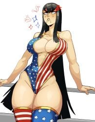 4th_of_july american_flag_bikini annoyed annoyed_expression artist_request big_breasts bikini black_hair embarrassed female kill_la_kill kiryuuin_satsuki light-skinned_female light_skin long_hair looking_at_viewer looking_down one-piece_swimsuit posing simple_background stockings thick_thighs thighhighs thunder_thighs tight_clothing voluptuous voluptuous_female