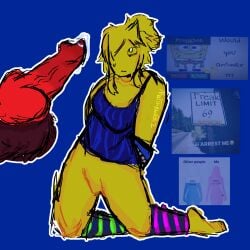 1boy 1girls artist_name bottomless breasts colored_sketch disembodied_penis dripping_pussy erect_clitoris feet female forsaken_(roblox) genderfluid guest_666_(forsaken) half_naked hands_behind_back knot male matthewb12 meme_in_the_background noob_(forsaken) on_knees party_noob_(forsaken) penis precum pussy roblox roblox_game robloxian say_gex self_upload sketch thighs watermark
